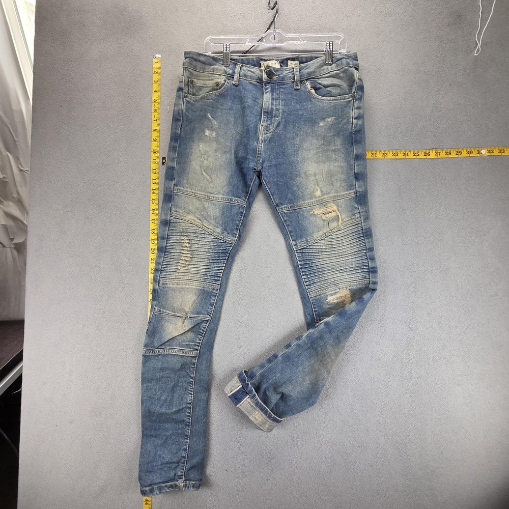 Pull & Bear Jeans Mens Blue Selvedge Moto Thrashed Honeycomb Fits 32x32